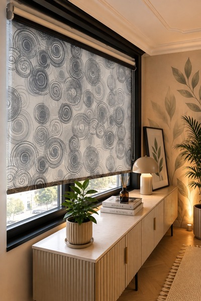 PERDEMANİA Çiftli Sistem Nova Desen Tül ve Ekru Mat Polyester Stor Perde