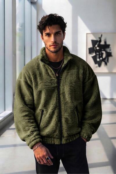 NO 601 Pánský khaki zelený oversize plyšový kabát na zip