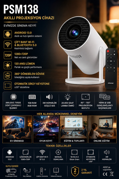 Polosmart PSM138 Android 13 Akıllı Projeksiyon Cihazı 720P 130 ANSI Lümen Wi-...