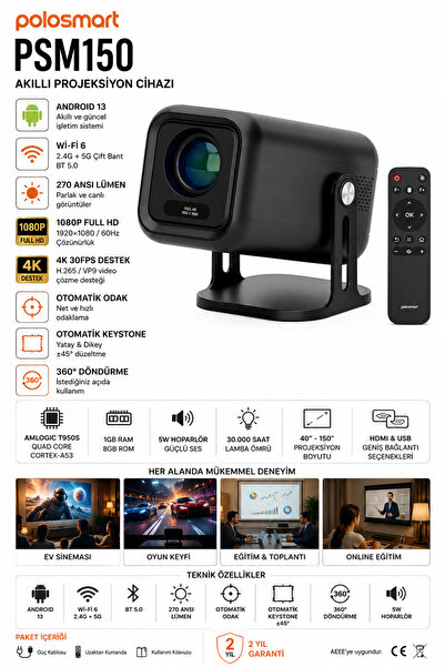 Space24 Polosmart PSM150 Android 13 Akıllı Projeksiyon Cihazı Full HD 1080P 2...
