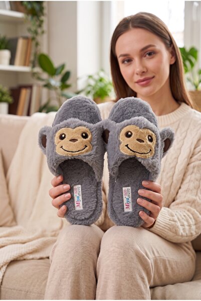 StWenn Women's Plush House Slippers Cute Monkey Patterned Winter Warm Closed-...
