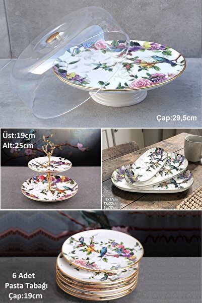 Pinkev 11 Piece Bird Patterned Ceramic Cake Presentation Plate Set