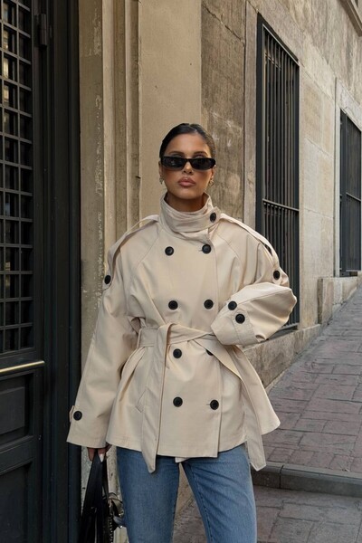 Moderk Lined Midi Length Trench Coat with High Collar Detail