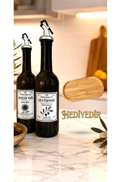 Trend Home Life Ahşap Stant Hediyeli 2 Li Amber Cam 750 ml Zeytinyağı Ve Ayçiçekyağı Yağlık Yağdanlık Şişesi