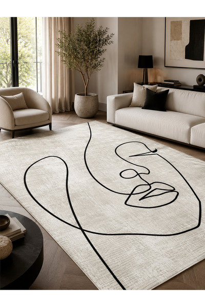 SionFabric Dijital Line Face Modern Minimalist Soyut Dijital Baskı Halı – Kre...