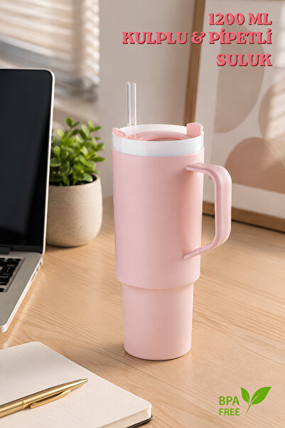 Nandy Home Büyük Boy, Kulplu ve Pipetli 1200Ml. Suluk & Matara - Silikon Apar...