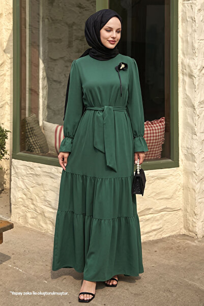 InStyle Khaki Dress with Flower Brooch Detail Belted