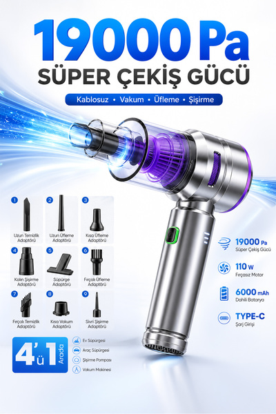 Venenon Kablosuz Şarjlı Araç İçi Süpürge 110 W Güçlü Vakum & Üfleme Şişirme C...