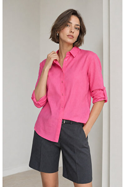 Nuevo Women's Pink Long Sleeve Basic Shirt with Folded Sleeves and Buttons – ...
