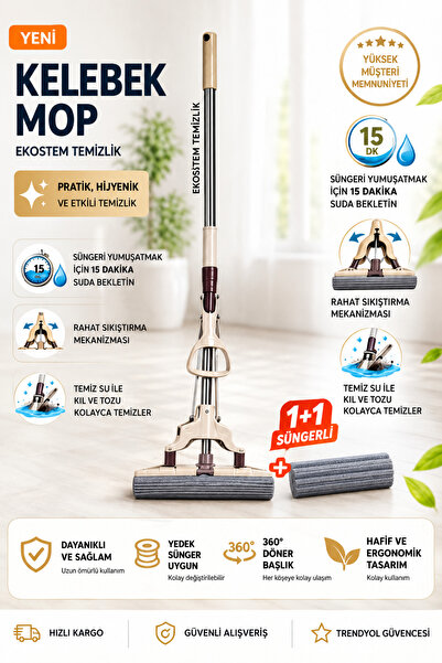DOFİX Kelebek Sıkma Mekanizmalı Mikrofiber Mop Sünger Sıkmalı Temizlik Mopu U...