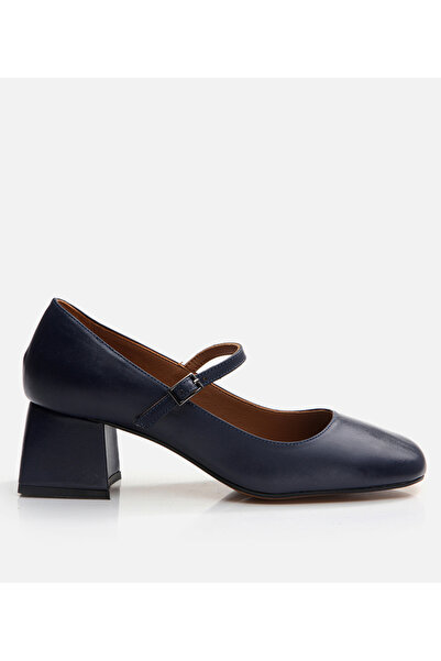 Hotiç Women's Leather Mary Jane Navy Blue Thick Heeled Shoes