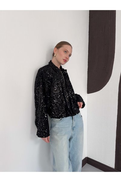 VERYMODA Jachetă oversize cu paiete pentru femei – Top elegant și strălucitor cu fermoar |   F2026 - Negru
