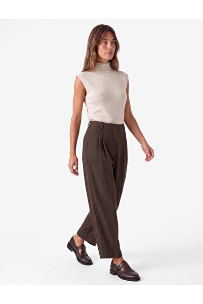 Koton Pleated Viscose Blend Regular Waist Striped Barrel Trousers with Pockets