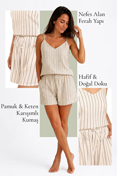 Mions Keten - Pamuk Şortlu Askılı Takım (Pijama) - Çizgili