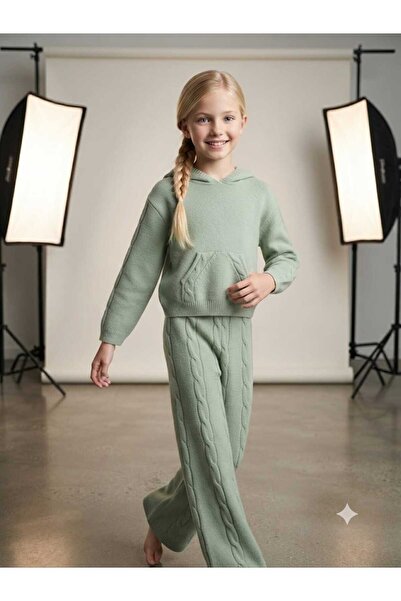 Hilal Akıncı Kids Girl's Twisted Knit Detailed Hooded Knitwear Sweatshirt Kni...