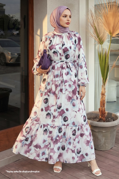InStyle Floral Σατέν Φόρεμα με Κουμπιά - Πούδρα