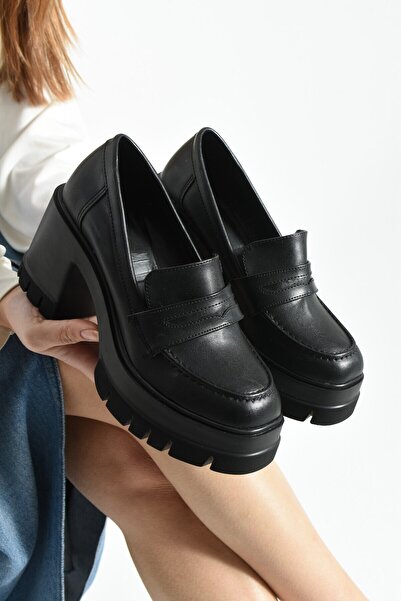 dabab shoes Γυναικείο μοκασίνι με χοντρό τακούνι με μαύρο δέρμα LOFTIA