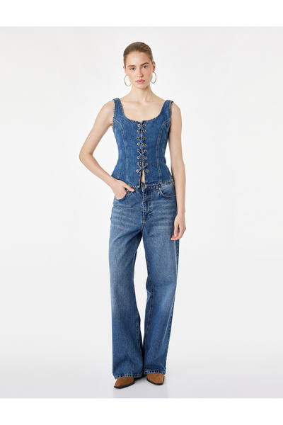 Koton Lace Detailed Slim Fit Cotton U-Neck Sleeveless Denim Corset Blouse