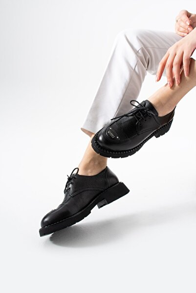 dabab shoes RAVENNA Дамски черни обувки от естествена кожа с връзки, дебела п...