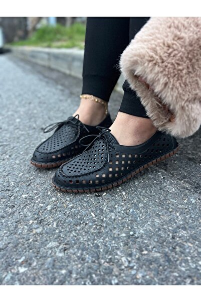 dabab shoes Virena Women's Black Genuine Leather Mesh Lace-Up Flat Sole Summe...