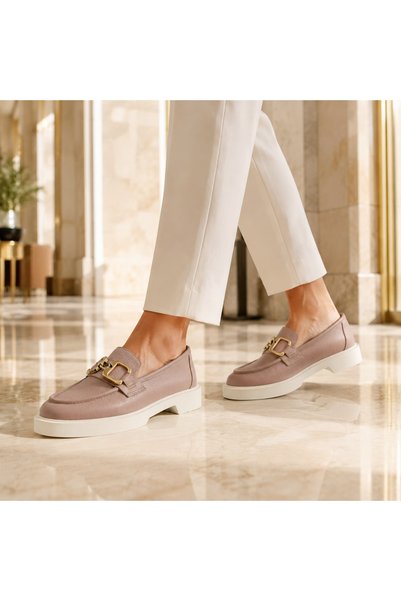 a ayak&kabım official Real Leather Powder Luxury Buckle Detailed Very Light Comfortable Daily Women's Shoes
