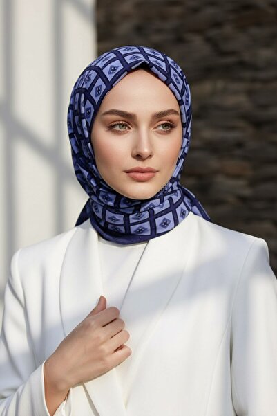 Vissona KREP KARE DESENLİ LACİVERT - İNDİGO RENKLİ 75X195 KIRIŞMAZ ŞAL