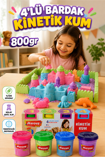 HEROES Kinetik Kum Seti 4’lü – 800 gr Pembe, Yeşil, Mavi, Mor Renk Oyun Kumu ...