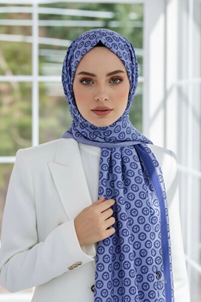 Vissona KREP DEGRADELİ MONOGRAM DESENLİ İNDİGO RENKLİ 75X195 KIRIŞMAZ ŞAL