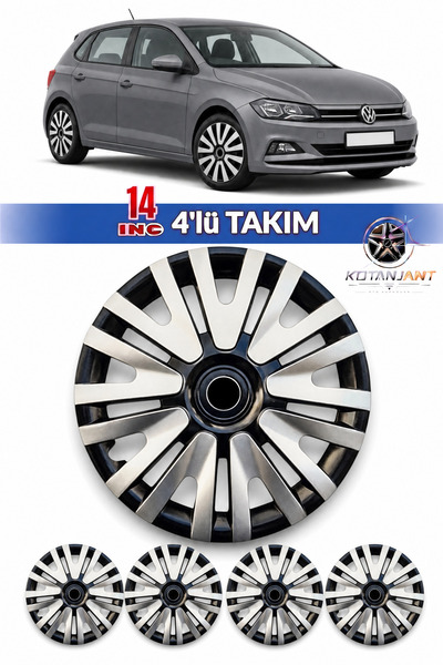 Kotanjant VOLKSWAGEN POLO 14 İnç Jant Kapağı 4'lü Set Siyah Gümüş + 4 Amblem ...
