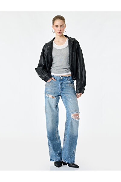 Koton Stoned Frayed Detailed Pocketed Buttoned Straight Leg Denim Trousers - ...