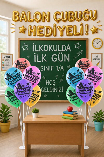 ÇETİN SÜS Okulda İlk Günüm ve Back To School Çubuklu Balon (20 adet)