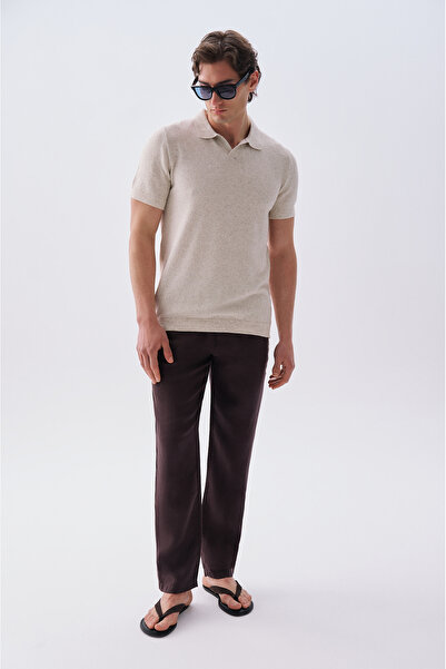 Mudo Erkek Kahverengi Straight Fit Keten Pantolon