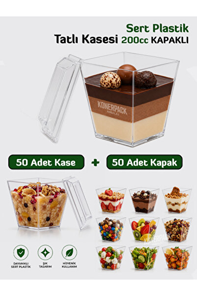 KONERPACK 200cc Prizma Tatlı Kasesi 50 adet Magnolya Kasesi Mika Sert Plastik...
