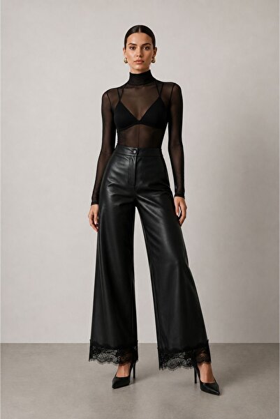 Grenj Fashion Black Lace Long Faux Leather Wide Leg Trousers