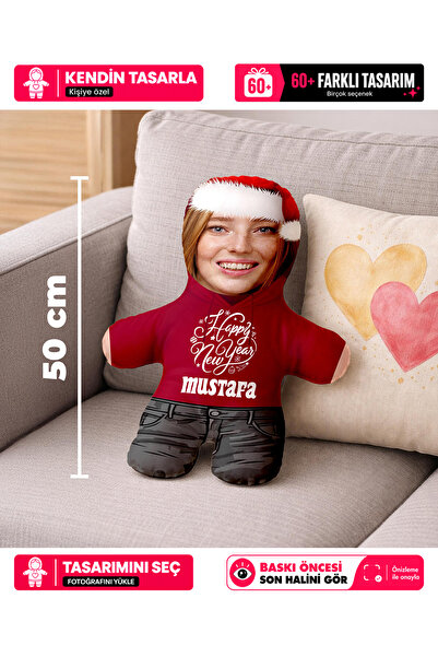 Motto Gift Kişiye Özel Fotoğraflı Yeni Yıl Şapkalı Peluş Oyuncak Yastık Yılba...