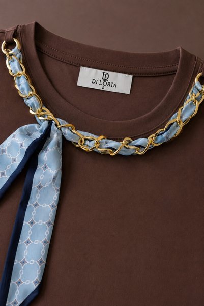 DI LORIA Women's Brown Chain and Scarf Detailed Oversize Short Sleeve T-Shirt (95% Cotton)