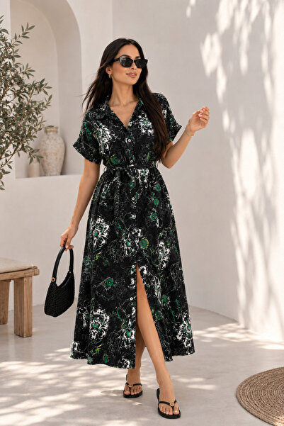 msm fashion Γυναικείο φόρεμα μακρύ 100% βισκόζη με σχέδιο, με κουμπιά, κοντομ...
