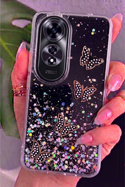 Rivor Oppo A60 Uyumlu Kılıf Kamera Çıkıntılı Simli Kelebek Kabartmalı Desenli...