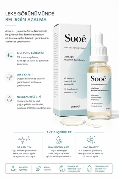 Sooê Leke Karşıtı Arbutin Cilt Bakım Serum (arbutin %2 + Hyaluronic Acid) 30 ml