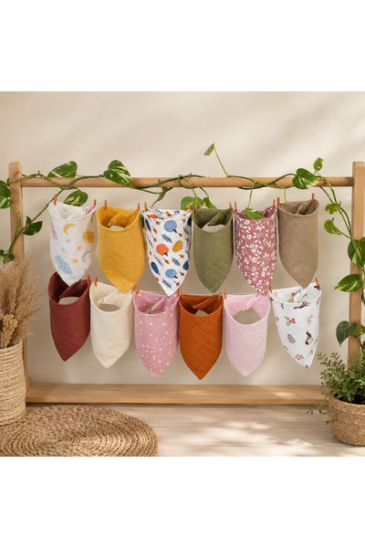 3Baby 12 Adet %100 Organik Pamuk Çift Katlı Iki Çıtçıtlı Müslin Kız Bebek Fular & Salya Önlük