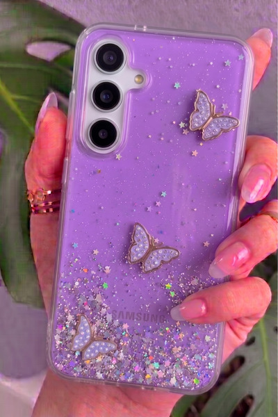 Rivor Samsung Galaxy S25 FE Uyumlu Kılıf Kamera Çıkıntılı Simli 3D Kelebek Ka...