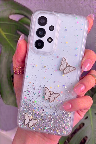 Rivor Samsung Galaxy A53 Uyumlu Kılıf Kamera Çıkıntılı Simli Kelebek Kabartma...