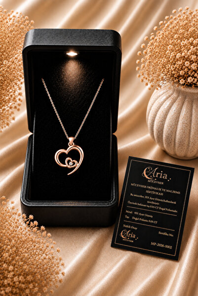 eva'sjewellery diamond Kalp Kolye Doğal Pırlantalı, 925 Ayar Gümüş, 18 Ayar G...