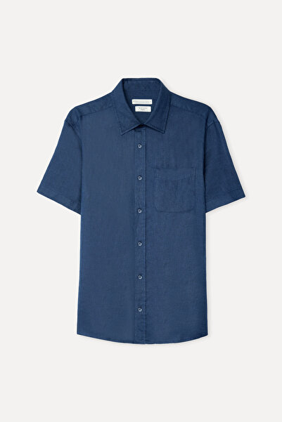 Mudo Men's Indigo Regular Fit Short Sleeve Linen Shirt