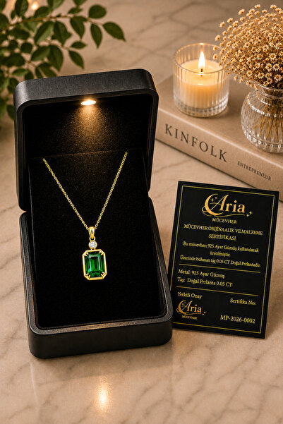 eva'sjewellery diamond Doğal Pırlantalı Zümrüt Kolye - 925 Ayar Gümüş, 14 Aya...