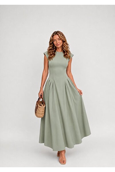 Raunk Vintage Elegance Yeşil Belden Oturtmalı Maxi Elbise