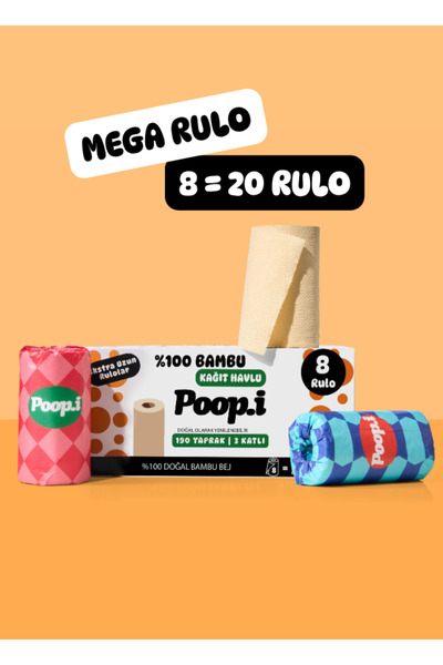 Poop.i %100 Ağartılmamış Bambu "MEGA HAVLU" 8 Kağıt Havlu POP Doğal Bej