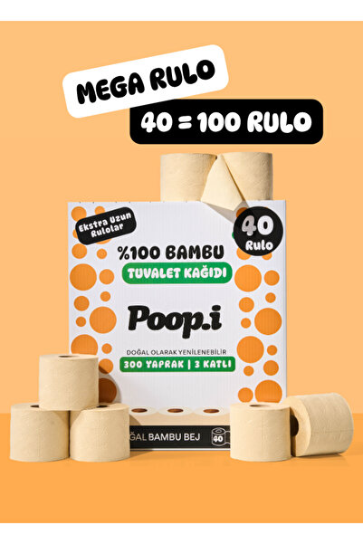 Poop.i %100 Ağartılmamış Bambu "MEGA RULO" 40 Tuvalet Kağıdı NAKED Doğal Bej