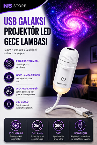 NS Store USB Galaksi Projektör Gece Lambası, 360° Ayarlanabilir LED Ambiyans ...