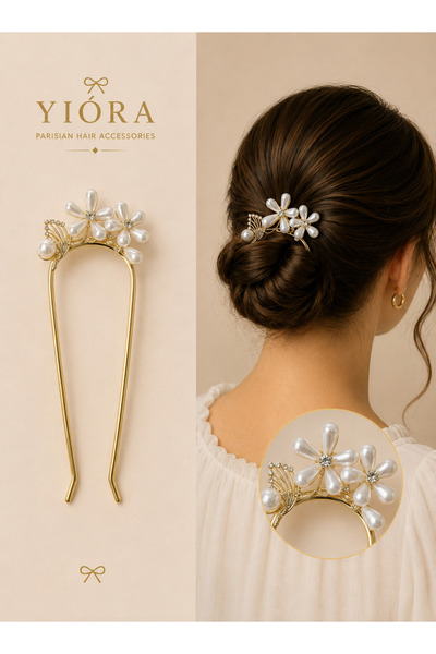 yiora Premium Series Gold Metal Body Pearl Detailed French Bun Hairpin 15 cm